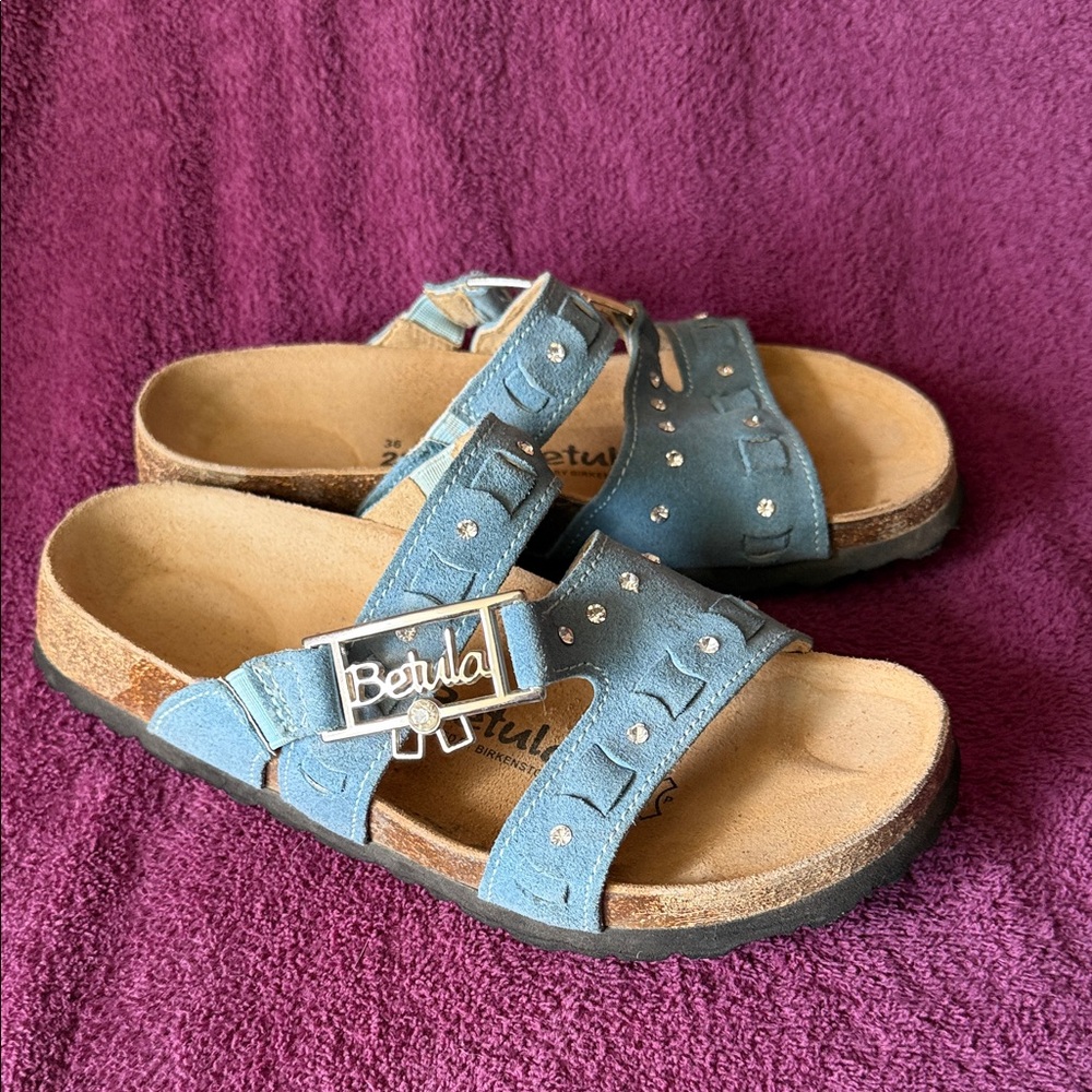 Betula Women's Blue Suede Slide Sandals with Decorative Buckle
